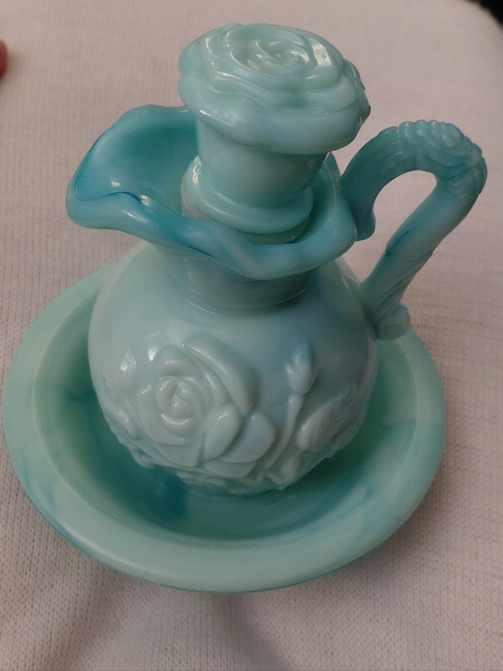 VINTAGE AVON VICTORIANA ROSE GREEN/BLUE SWIRL PITCHER W/BOWL, 70s 80s
